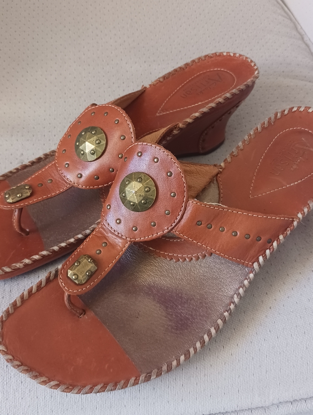 CLARKS Artisan Leather Coral Brown Studded Wedge Sandals Size 9
